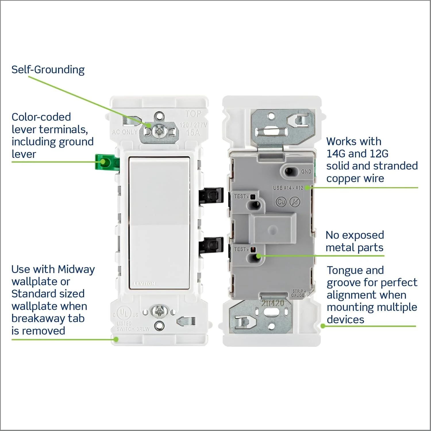 Lever Edge 15 Amp Single Pole Rocker Switch, White, E5601-MW - Image 4