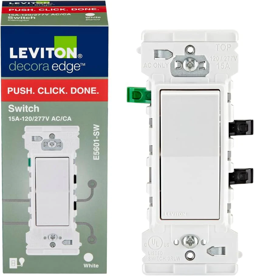 Leviton E5601 Decora Edge 15 Amp Single Pole Rocker Switch, White