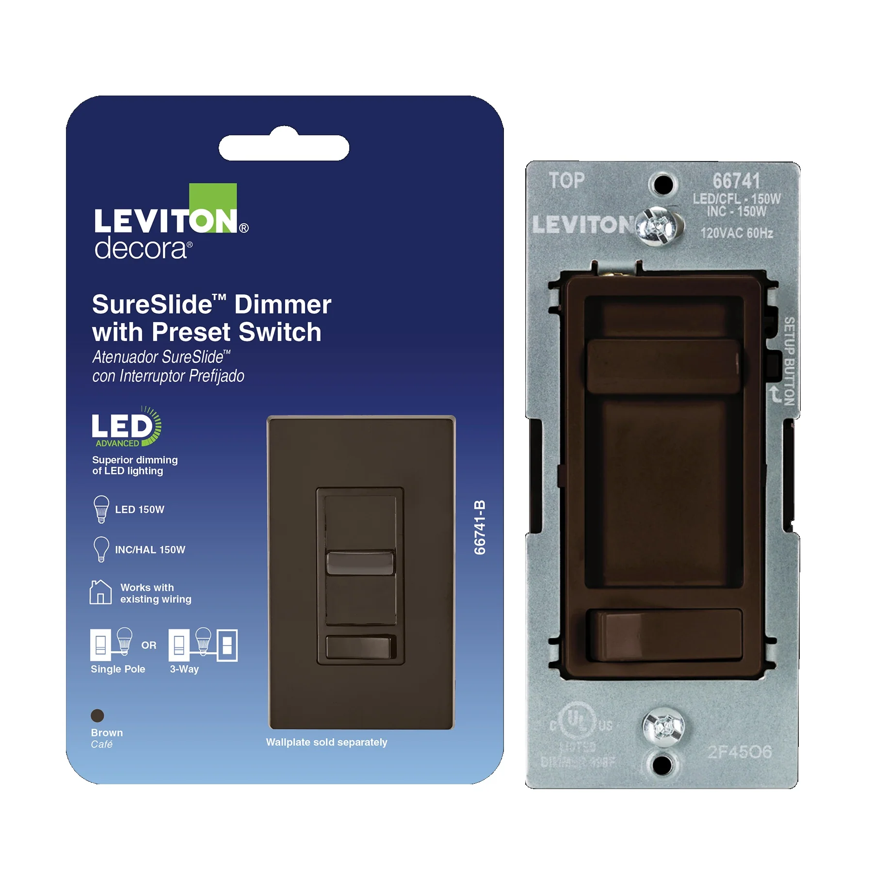SureSlide LED Advanced Dimmer Switch for 150W Dimmable LED, Halogen and Incandescent Bulbs and Fixtures, 66741-00B, Brown