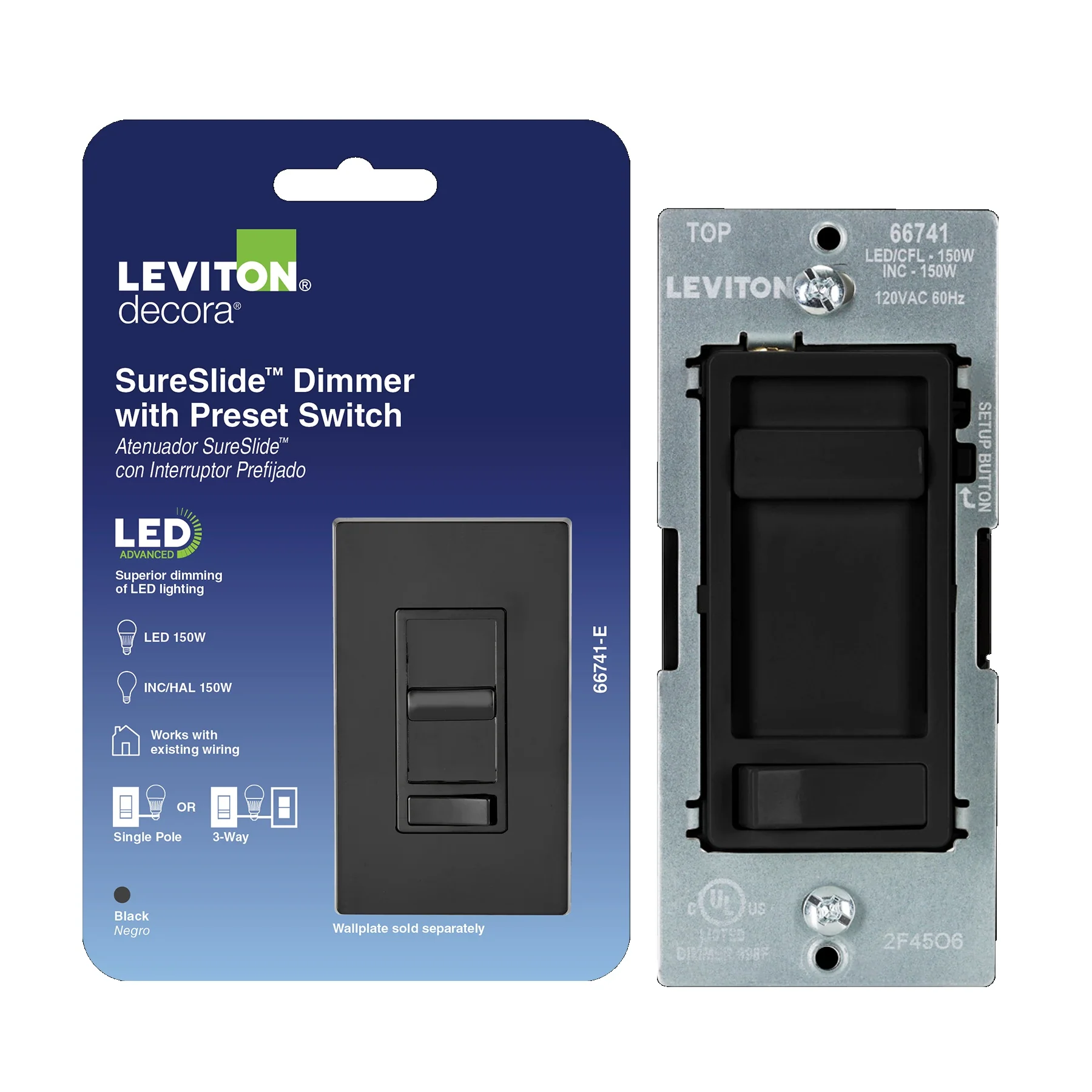 SureSlide LED Advanced Dimmer Switch for 150W Dimmable LED, Halogen and Incandescent Bulbs and Fixtures, 66741-00E, Black