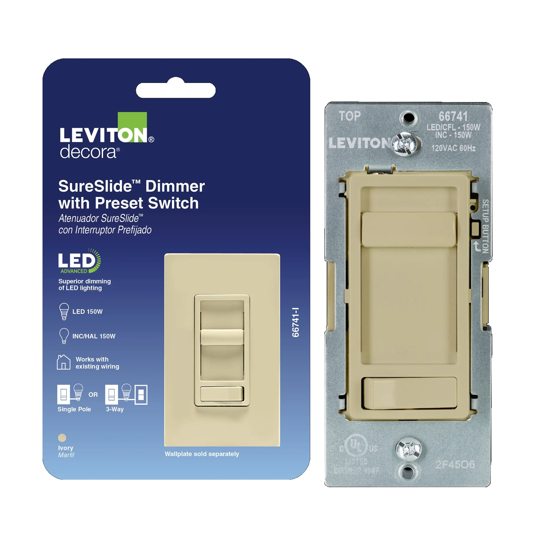 SureSlide LED Advanced Dimmer Switch for 150W Dimmable LED, Halogen and Incandescent Bulbs and Fixtures, 66741-00I, Ivory