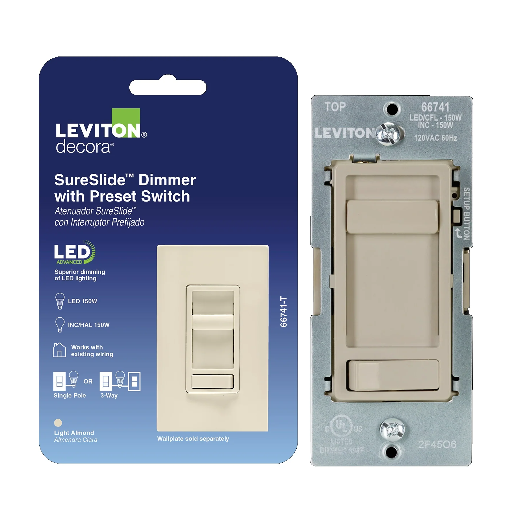 SureSlide LED Advanced Dimmer Switch for 150W Dimmable LED, Halogen and Incandescent Bulbs and Fixtures, 66741-00T, Light Almond
