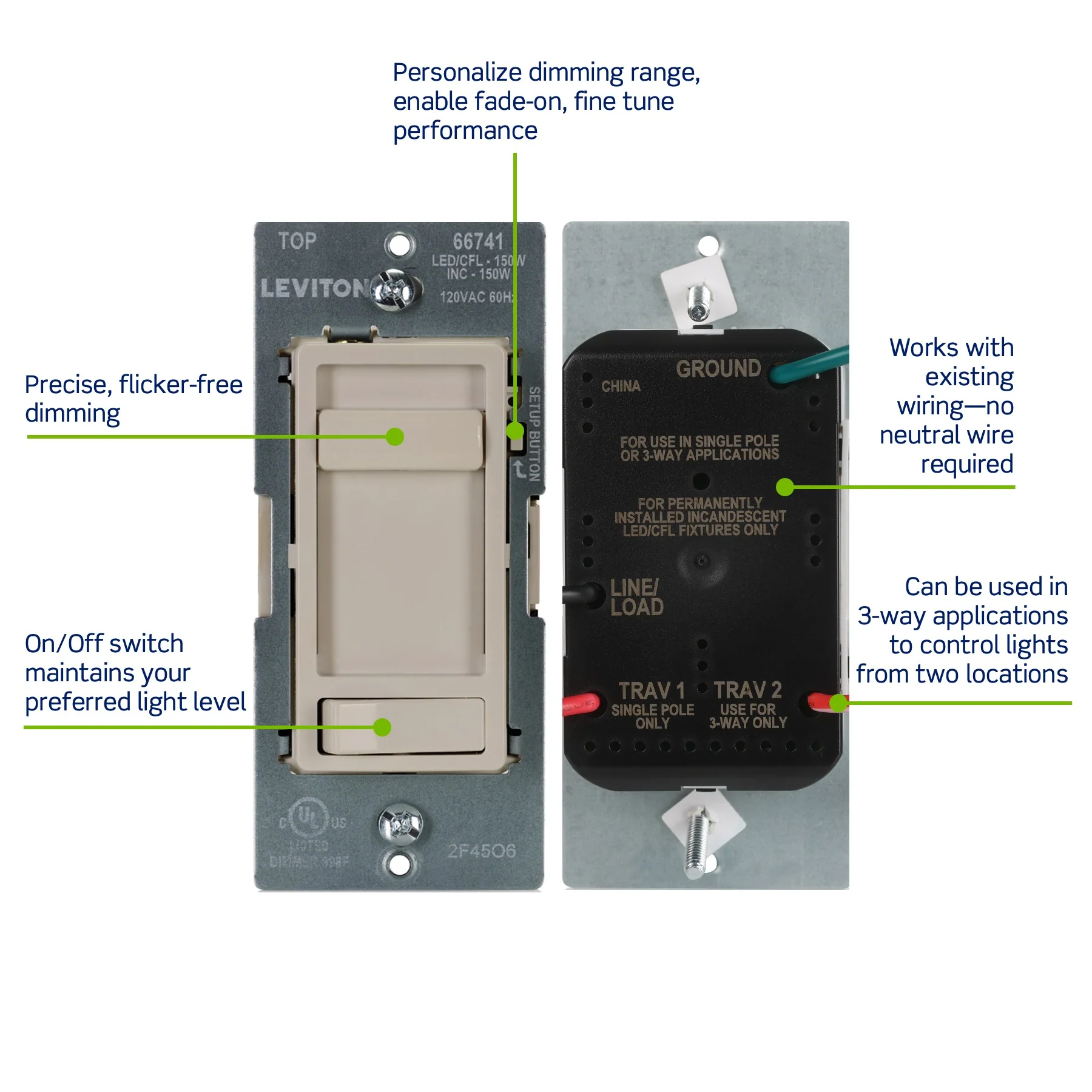 SureSlide LED Advanced Dimmer Switch for 150W Dimmable LED, Halogen and Incandescent Bulbs and Fixtures, 66741-00T, Light Almond - Image 4