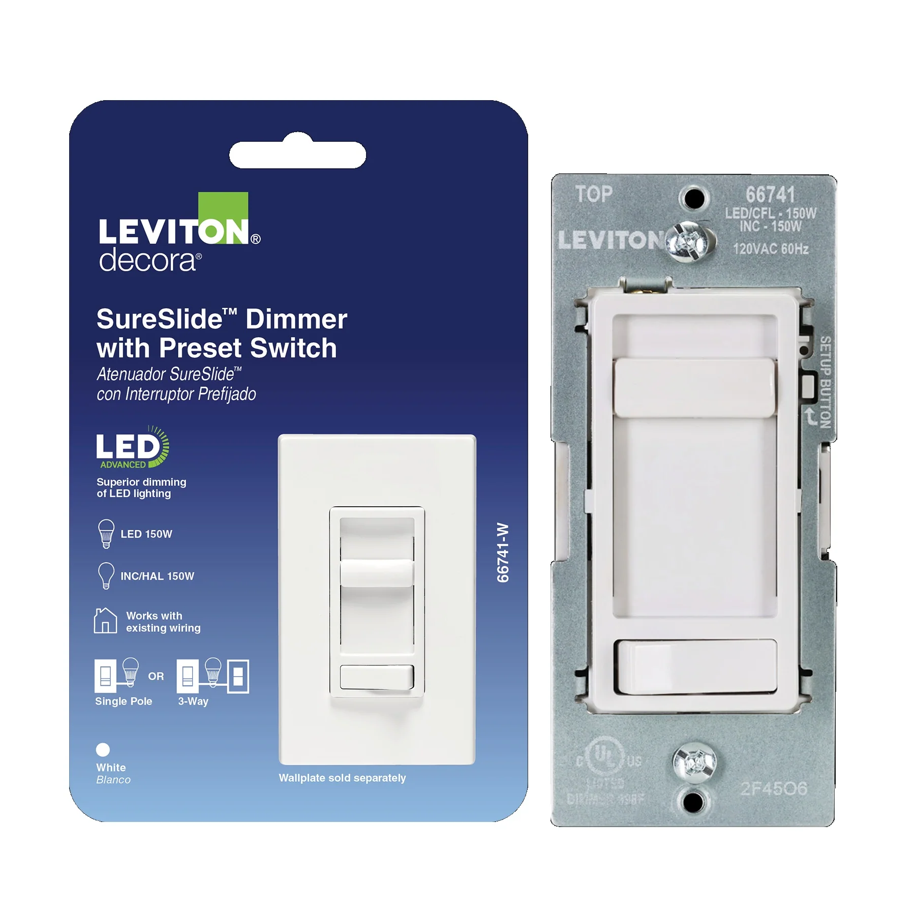 SureSlide LED Advanced Dimmer Switch for 150W Dimmable LED, Halogen and Incandescent Bulbs and Fixtures, 66741-W, White