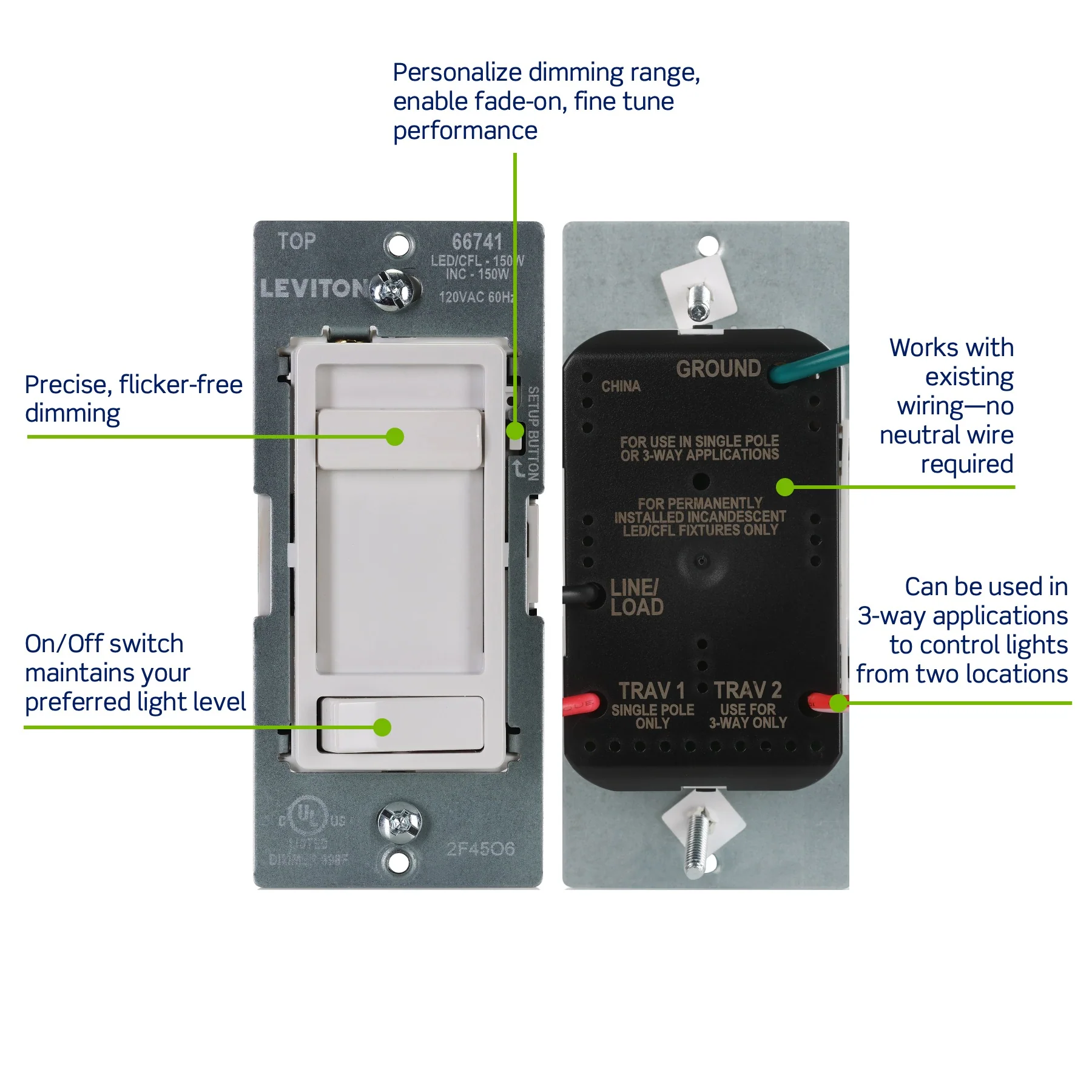 SureSlide LED Advanced Dimmer Switch for 150W Dimmable LED, Halogen and Incandescent Bulbs and Fixtures, 66741-W, White - Image 4