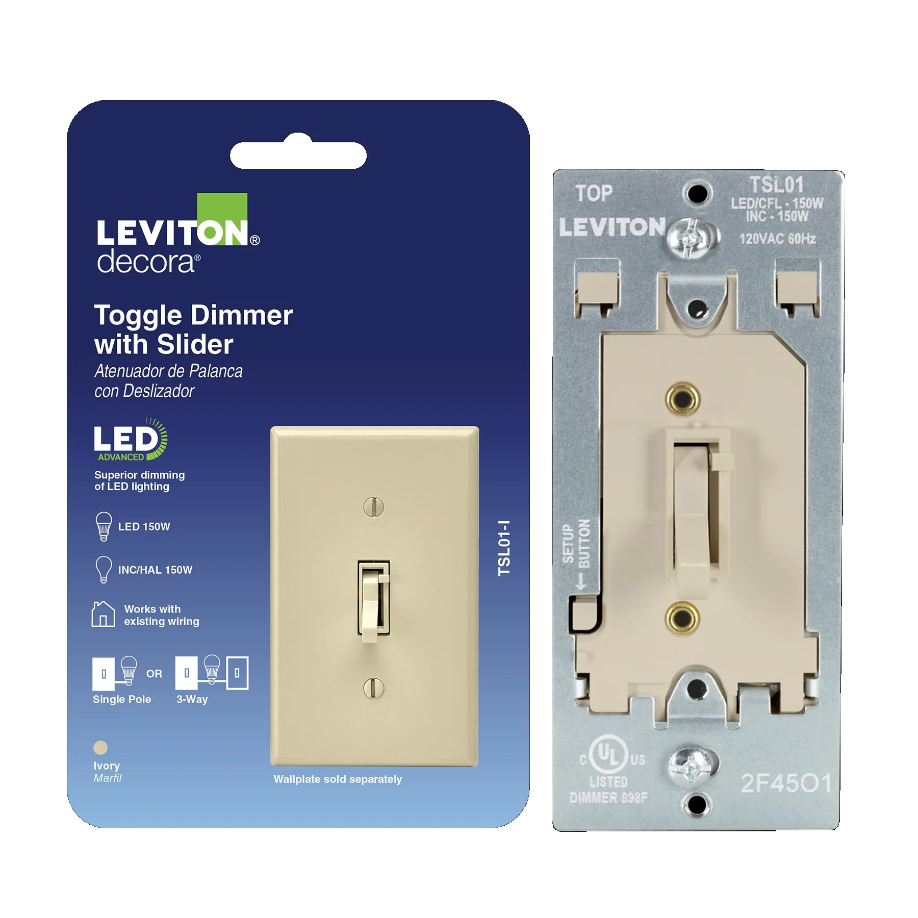 Toggle Slide LED Advanced Dimmer Switch for 150W Dimmable LED, Halogen and Incandescent Bulbs and Fixtures, TSL01-00I, Ivory