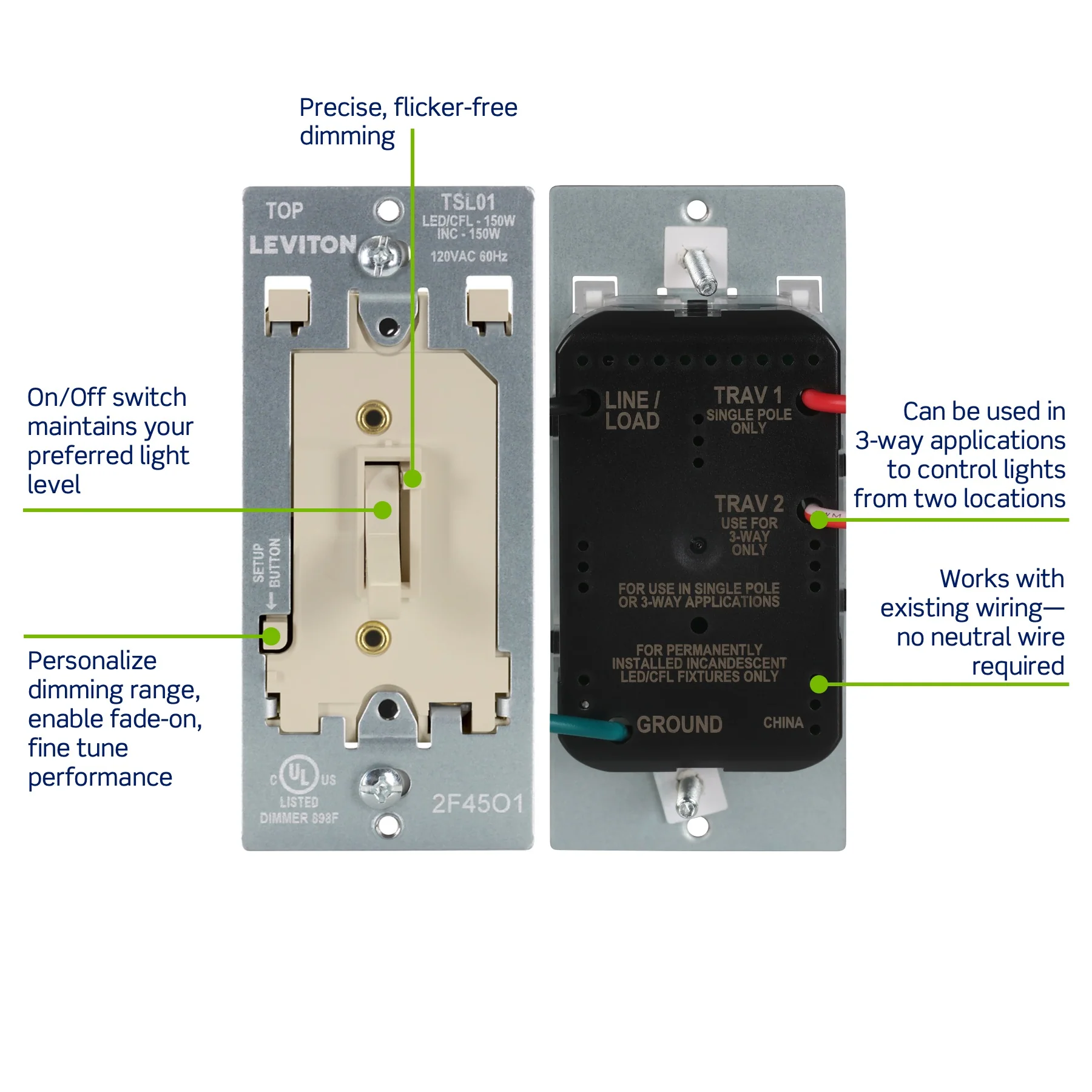 Toggle Slide LED Advanced Dimmer Switch for 150W Dimmable LED, Halogen and Incandescent Bulbs and Fixtures, TSL01-00I, Ivory - Image 4