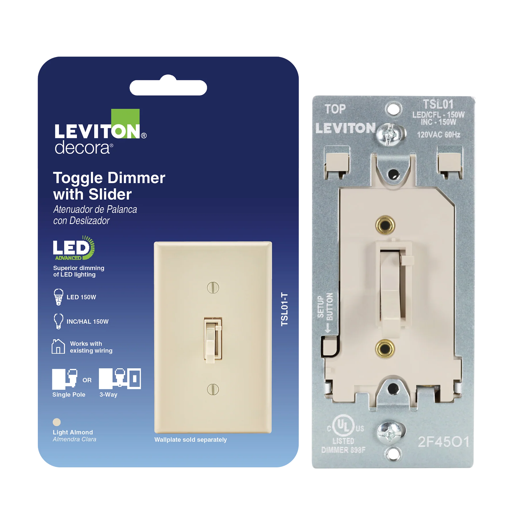 Toggle Slide LED Advanced Dimmer Switch for 150W Dimmable LED, Halogen and Incandescent Bulbs and Fixtures, TSL01-00T, Light Almond