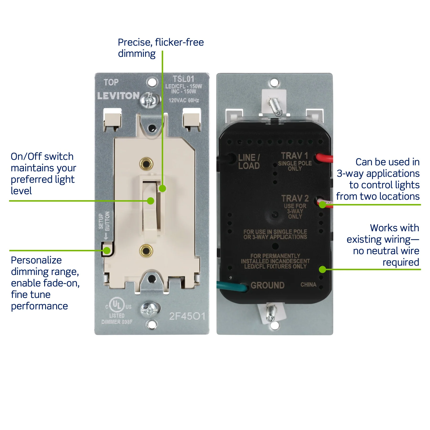 Toggle Slide LED Advanced Dimmer Switch for 150W Dimmable LED, Halogen and Incandescent Bulbs and Fixtures, TSL01-00T, Light Almond - Image 4