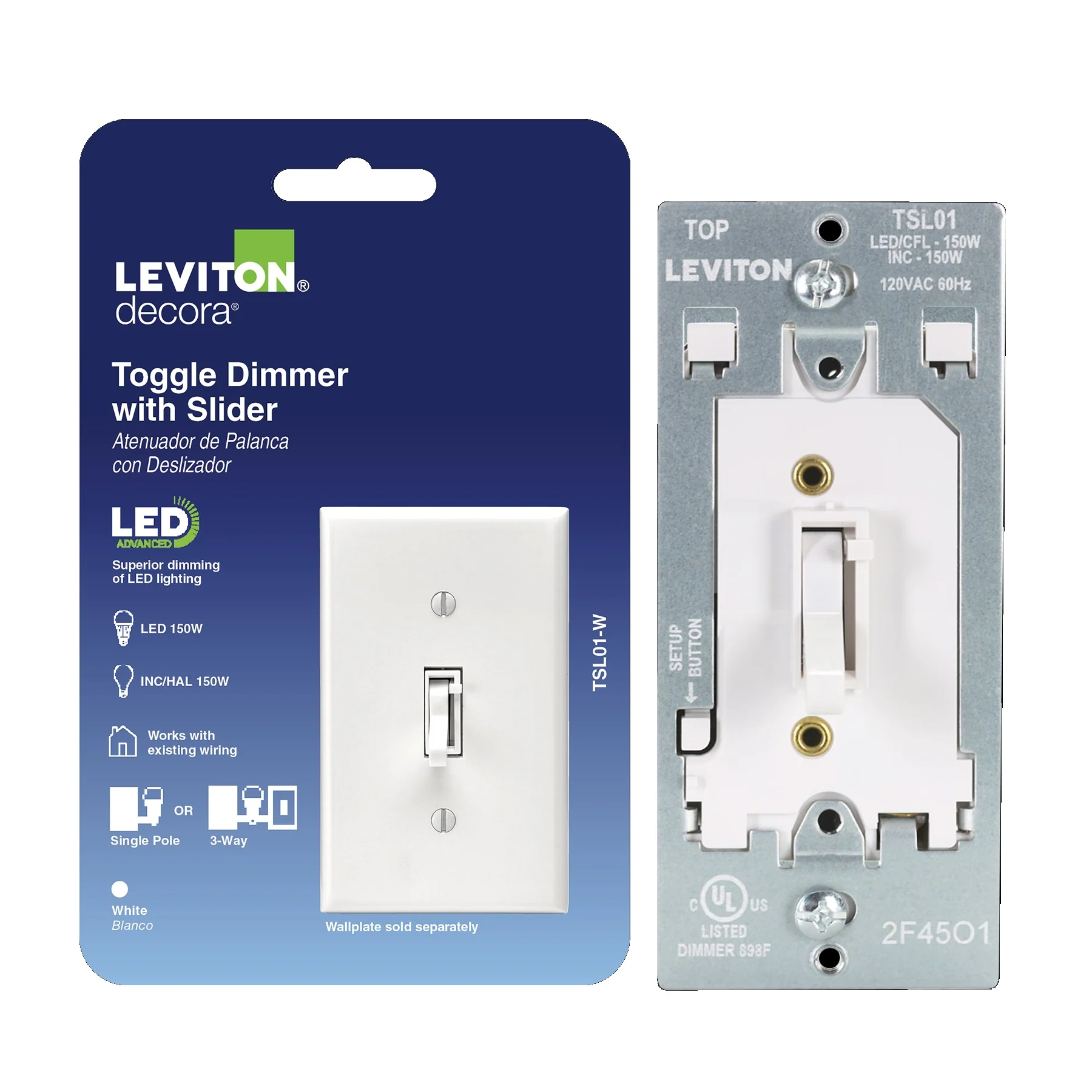 Toggle Slide LED Advanced Dimmer Switch for 150W Dimmable LED, Halogen and Incandescent Bulbs and Fixtures, TSL01-00W, White