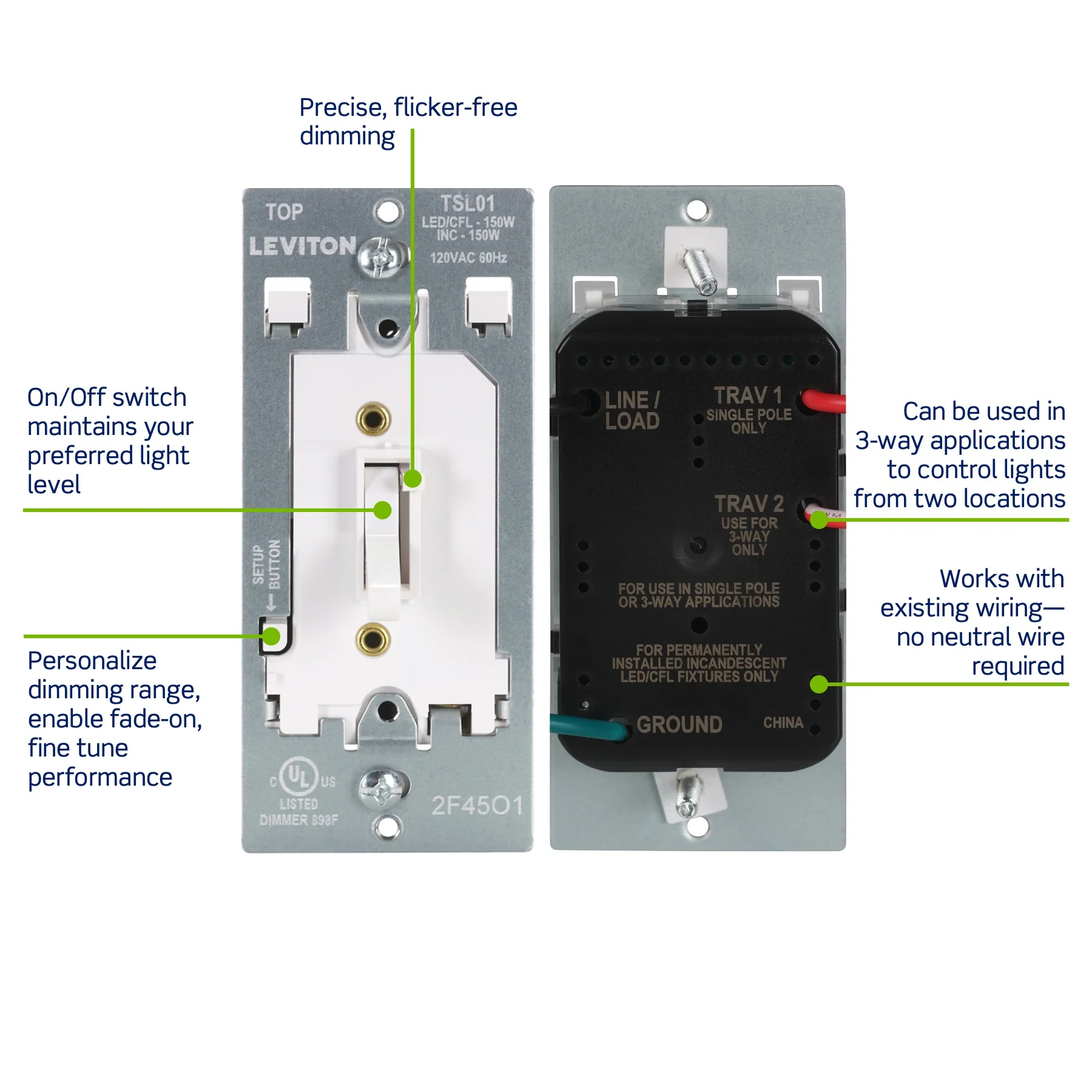 Toggle Slide LED Advanced Dimmer Switch for 150W Dimmable LED, Halogen and Incandescent Bulbs and Fixtures, TSL01-00W, White - Image 4
