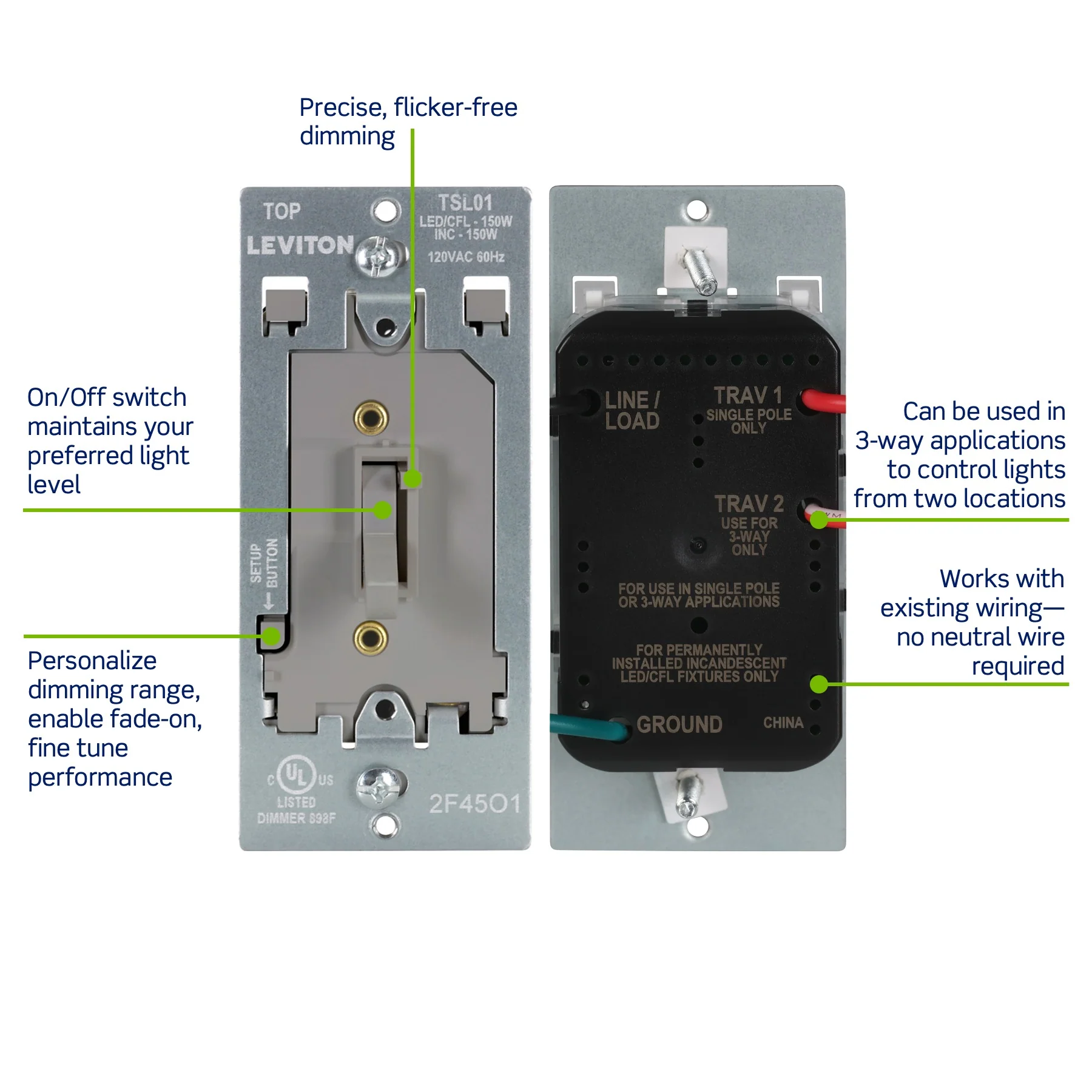 Toggle Slide LED Advanced Dimmer Switch for 150W Dimmable LED, Halogen and Incandescent Bulbs and Fixtures, TSL01-10G, Gray - Image 3